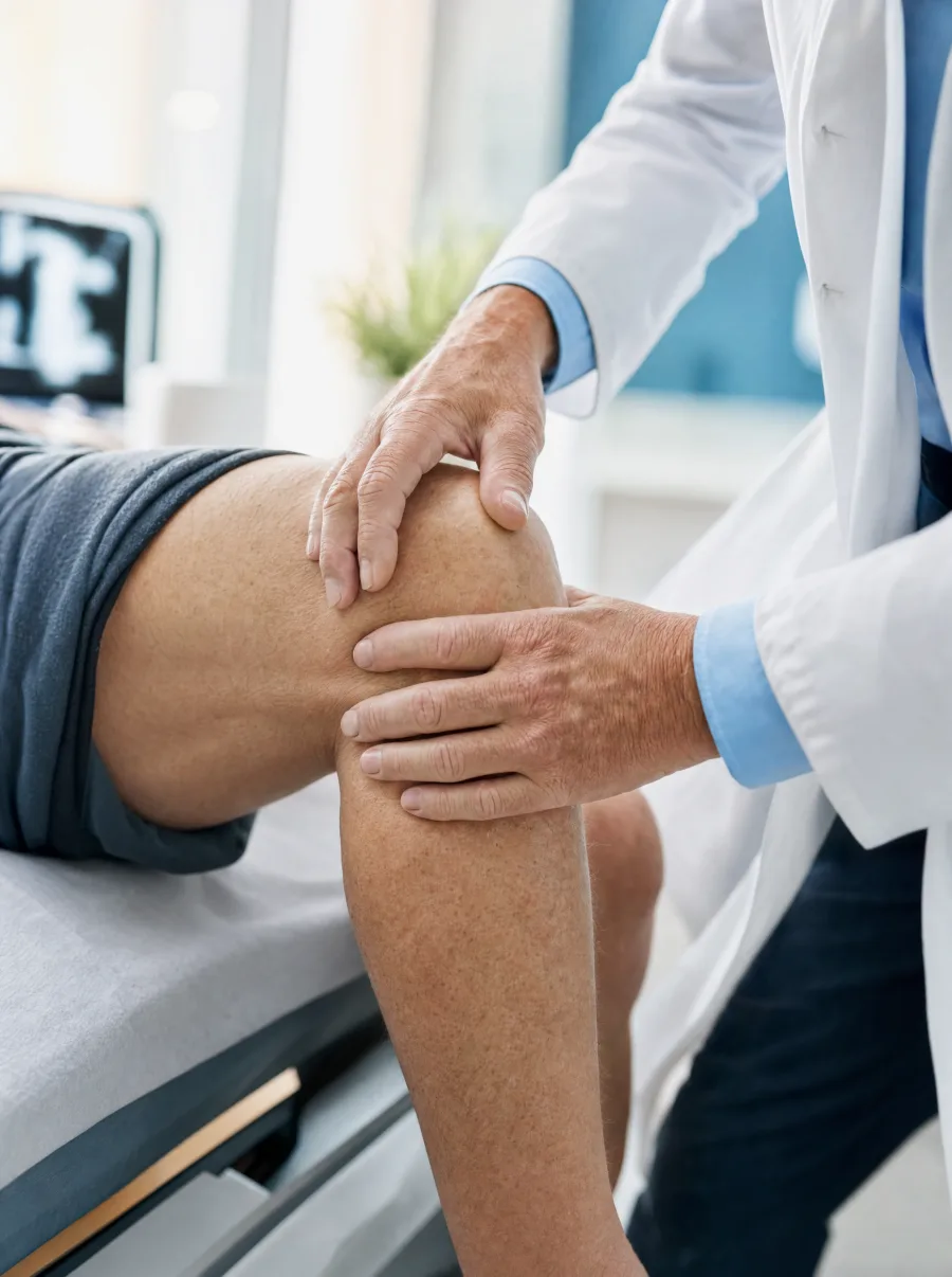 A physician carefully examining a patient's knee