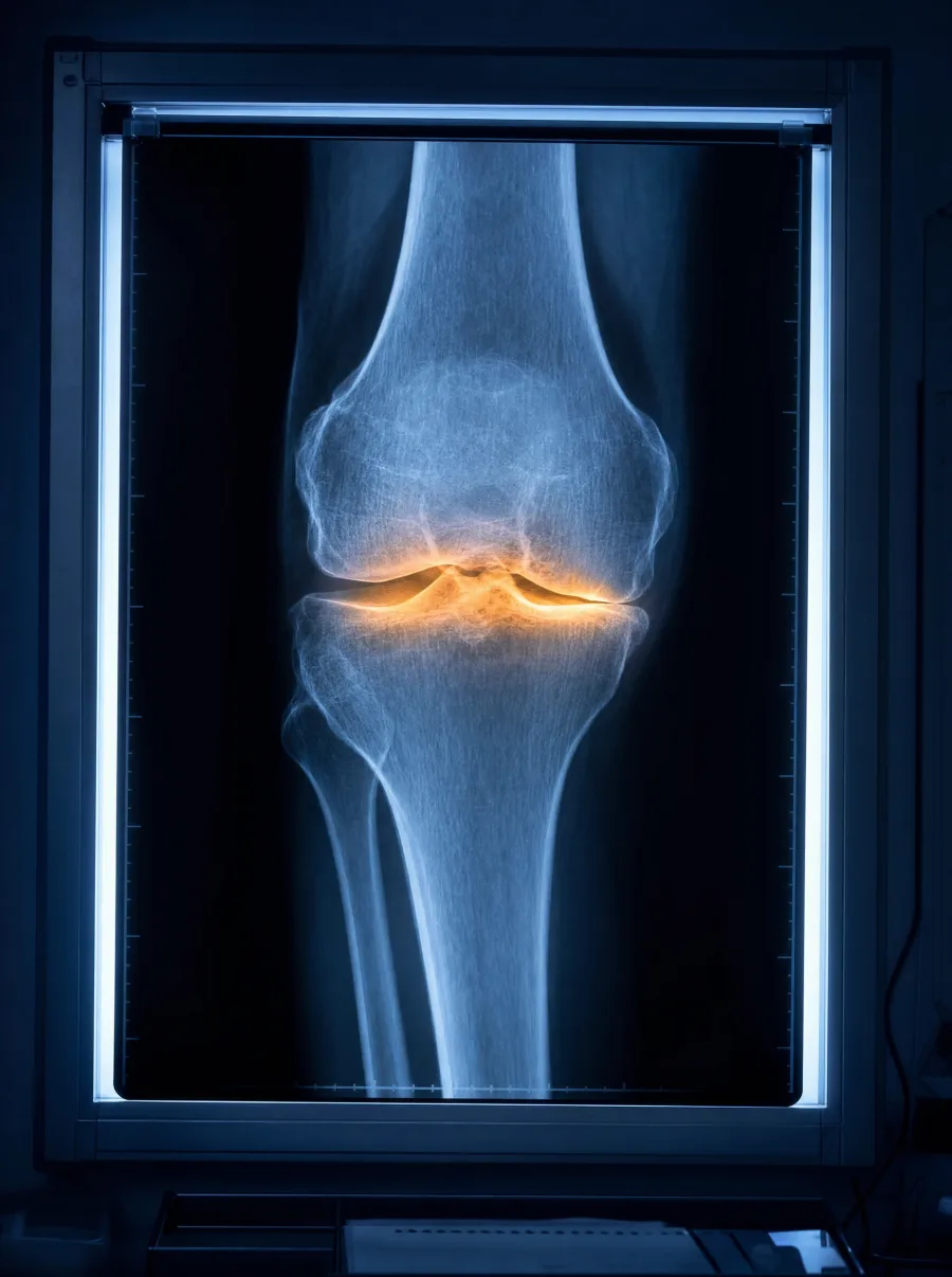 Knee x-ray glowing on a radiologist’s lightbox