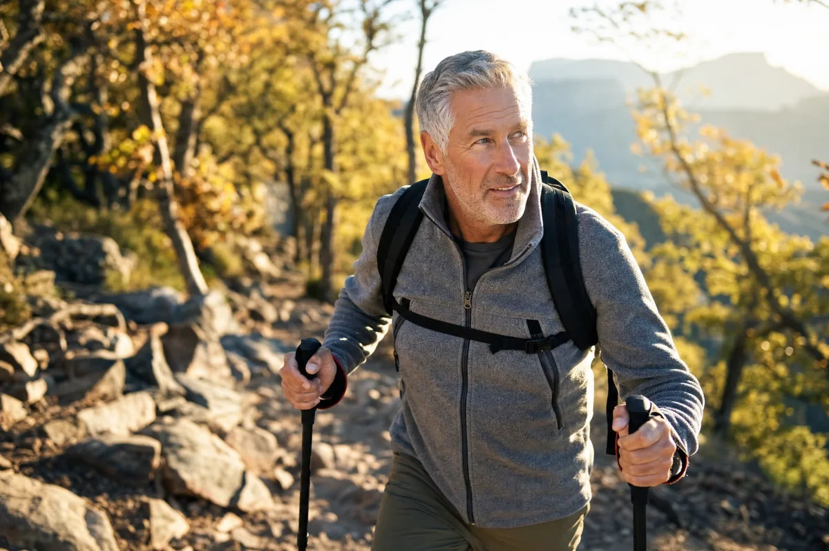 An active older adult hiking a sunlit trail